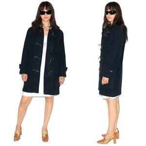 BURBERRY London Duffle Coat, Dark Blue Wool Peacoat Toggles Hooded Pockets, M